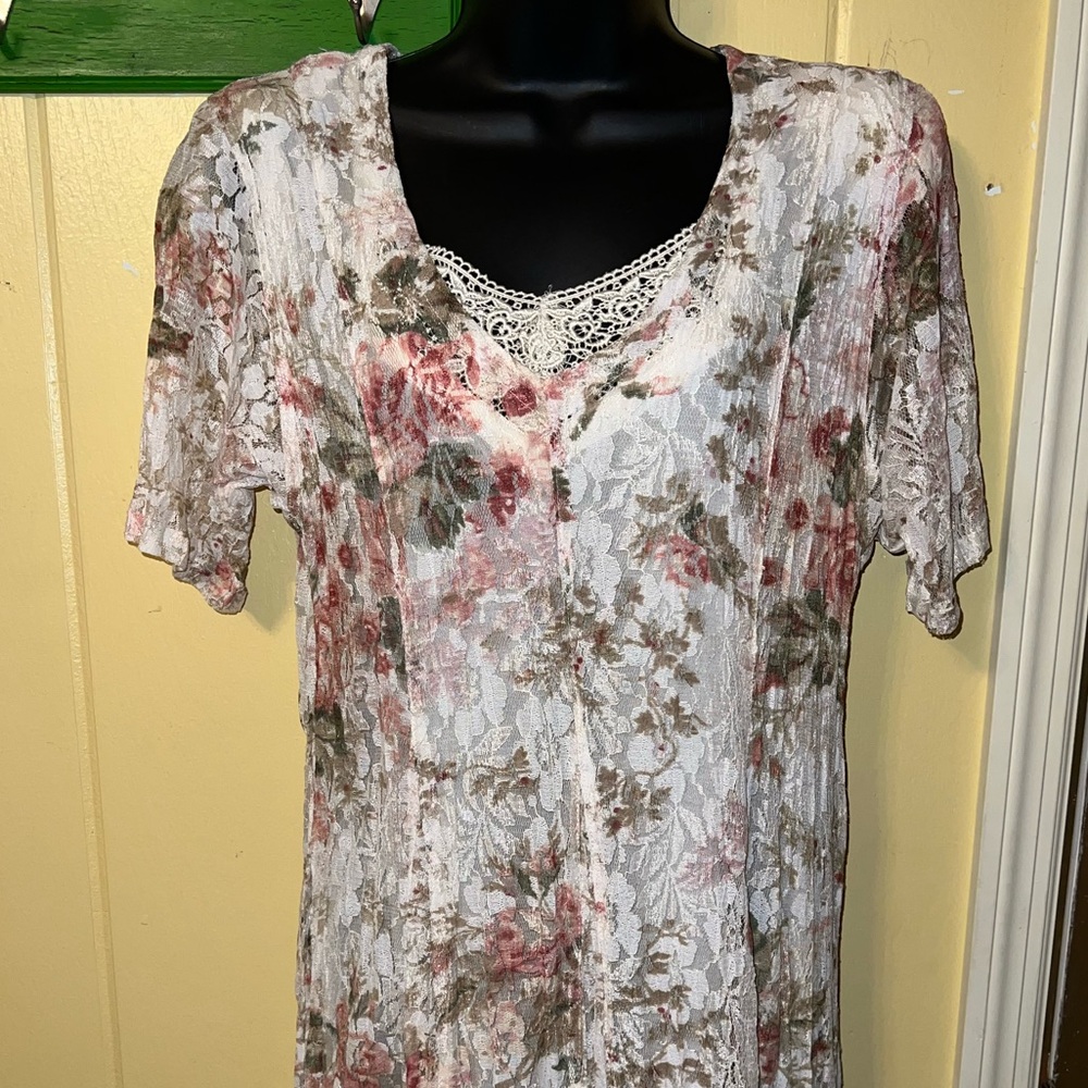 Nostalgia 90’s Floral Lace Inset Cottage Crinkle Romantic Maxi Dress Size M - Picture 3 of 12